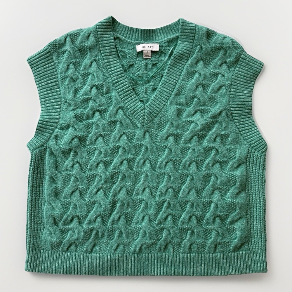 ON 34th Cropped Cable Knit Sweater Vest Spring Green Preppy Boxy Women's Small